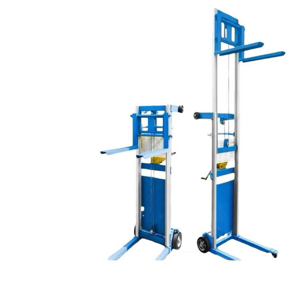 Light and portable hand-operated warehouse stacker for increasing storage height, featuring a manual lifting platform made of aluminum alloy and a lifting mechanism.